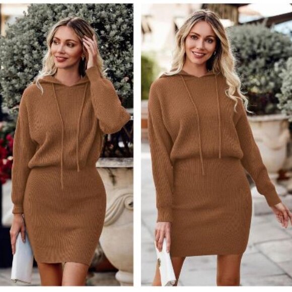 PRETTYGARDEN | Women's Carmel Brown Rib Knit Pullover Sweater Dress - Size L - Picture 1 of 13